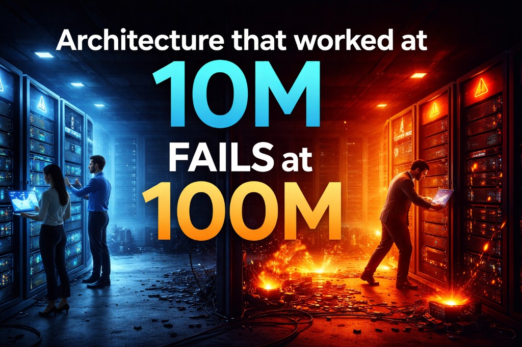 Split data center: calm blue side for architecture at 10M versus chaotic red side failing at 100M