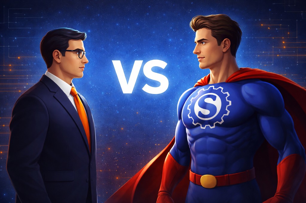CTO in a suit versus superhero-style external technical help, VS in the center - hire a CTO or bring in external help for startups