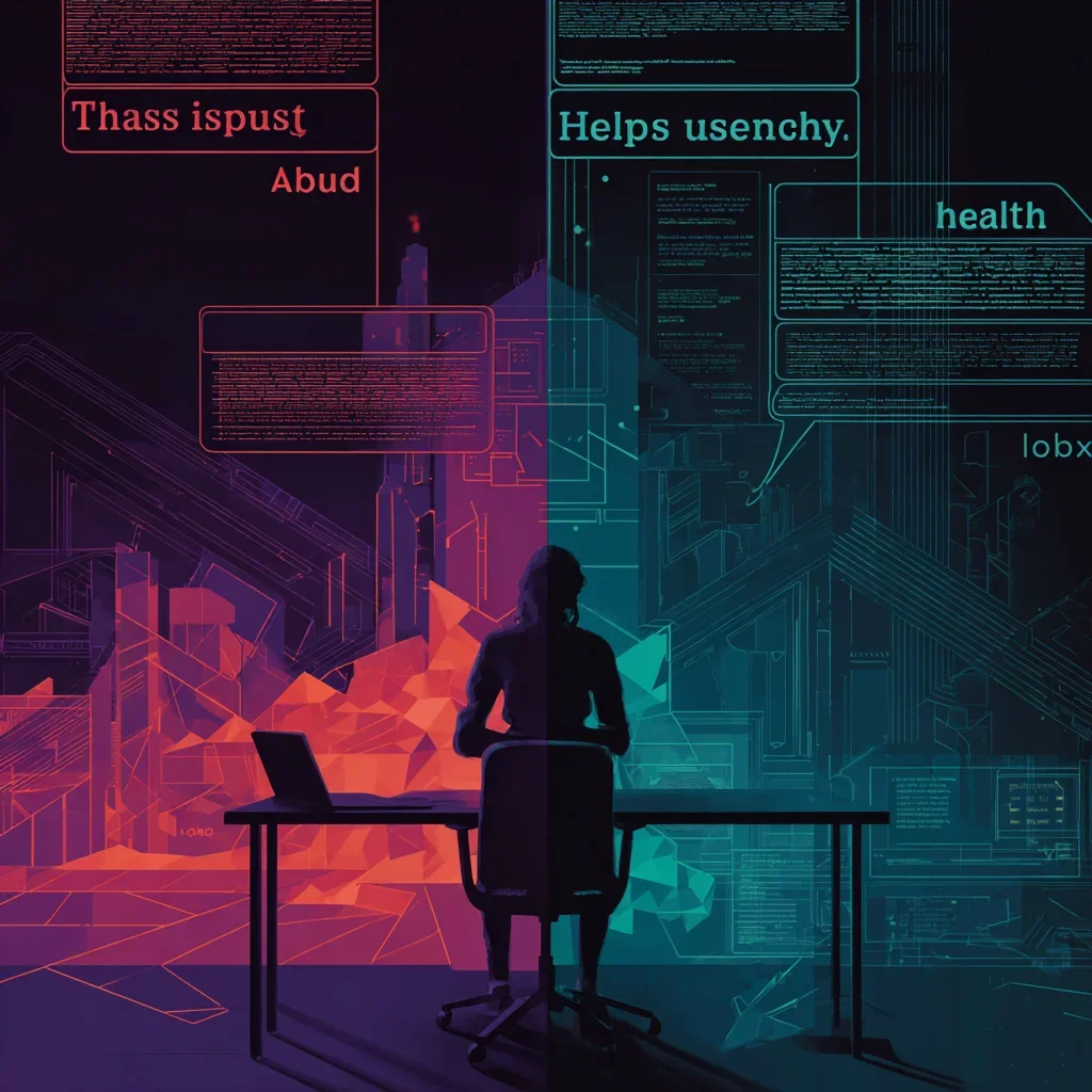 Split screen showing contrasting toxic communication environments
