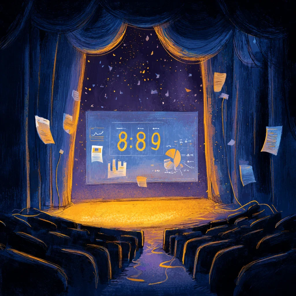 Theatre stage with performance metrics displayed as props