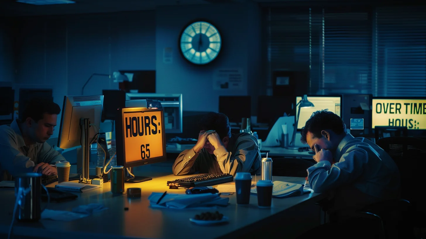 Exhausted compliance team working at 3AM with overtime hours displayed, coffee cups scattered across dark office