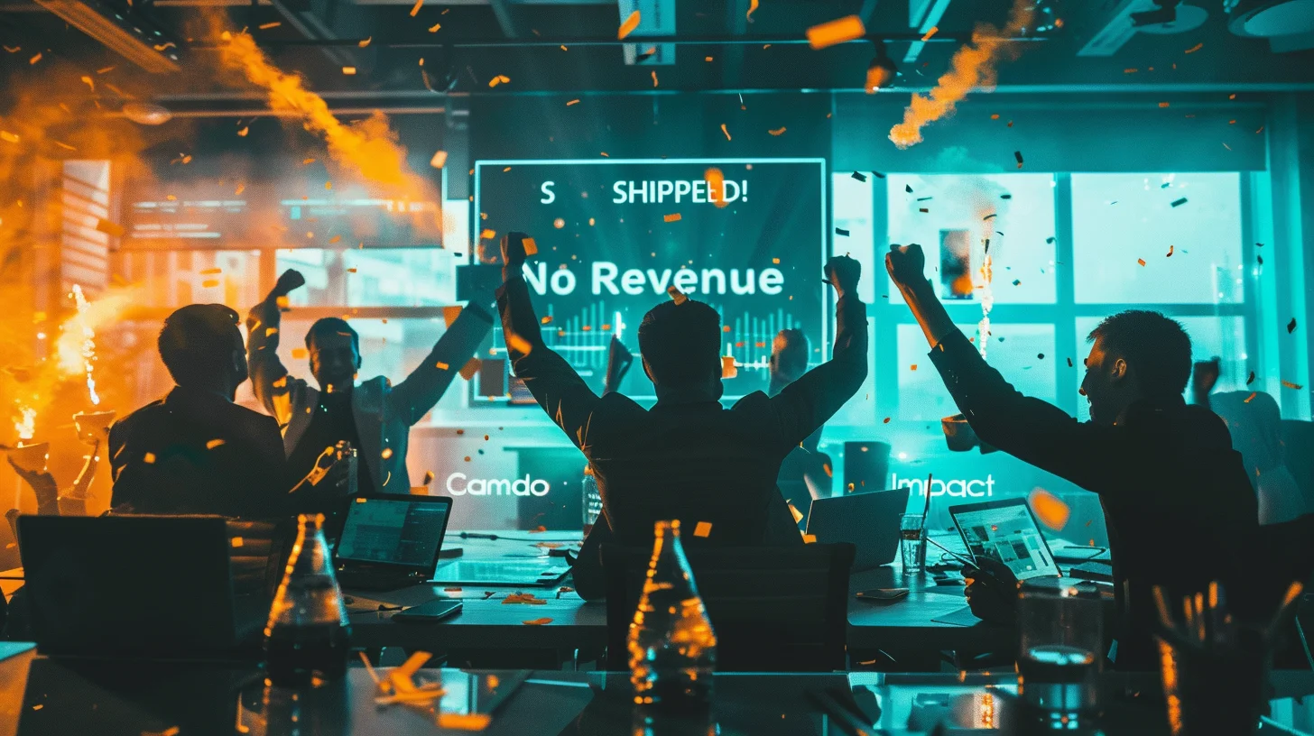 Team celebrating feature launch at hackathon while metrics dashboard shows zero revenue impact