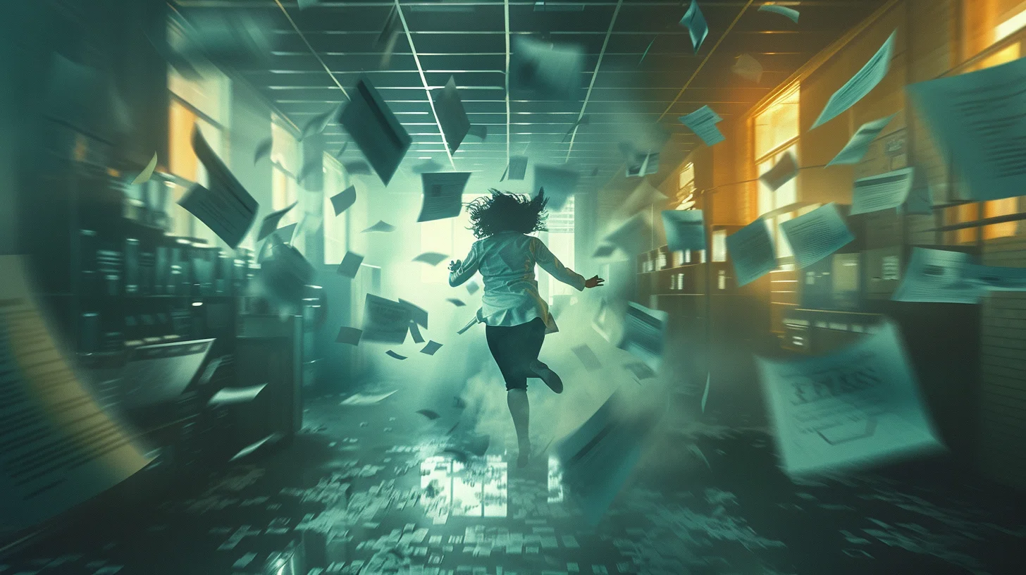 Person running in multiple directions at once while organizational chart crumbles