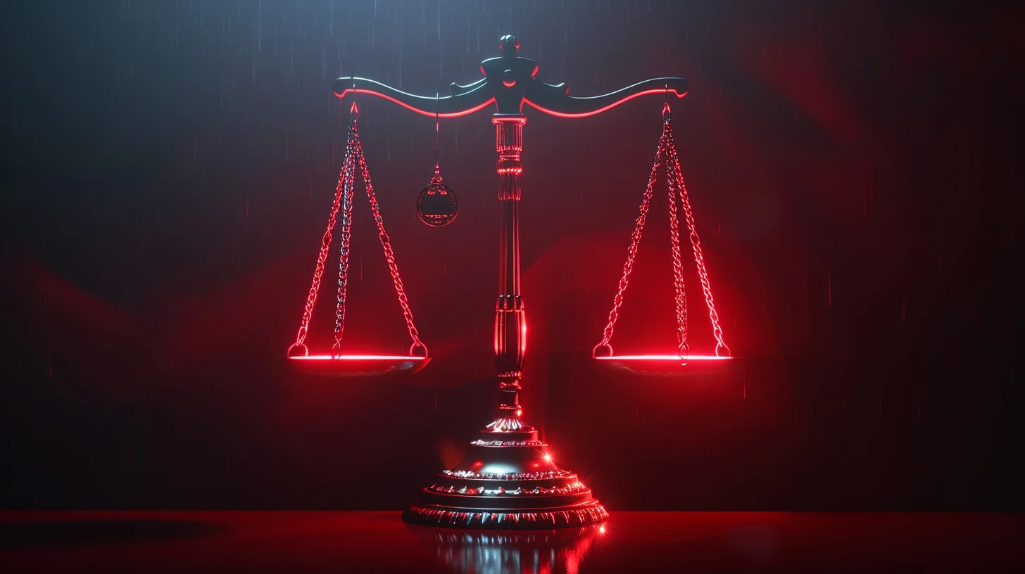 Scales of justice tipping as corporate badge outweighs human figure