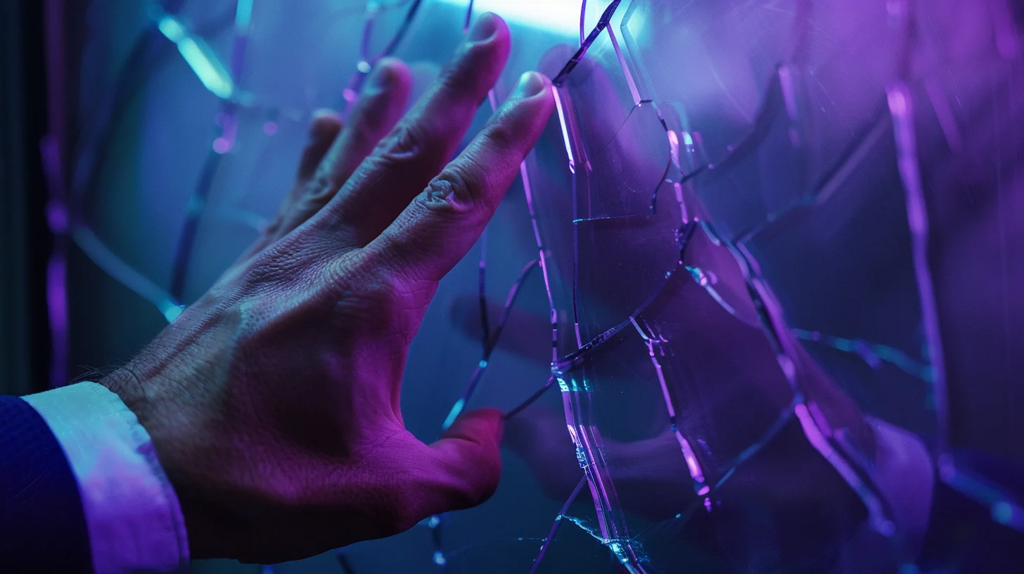 Hand holding cracked glass together, preventing total collapse