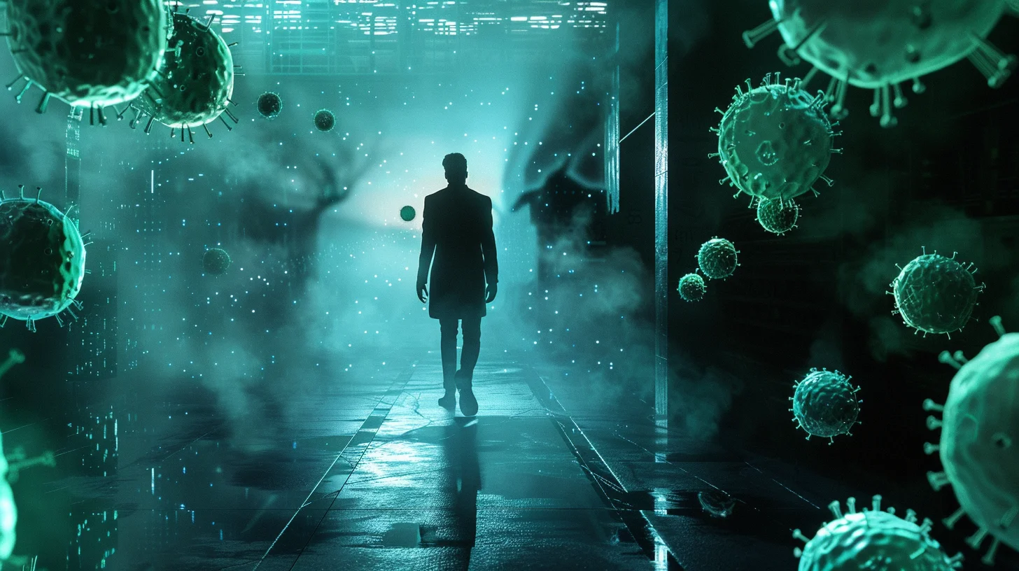 Strong figure surrounded by antibody-like shapes pushing them out