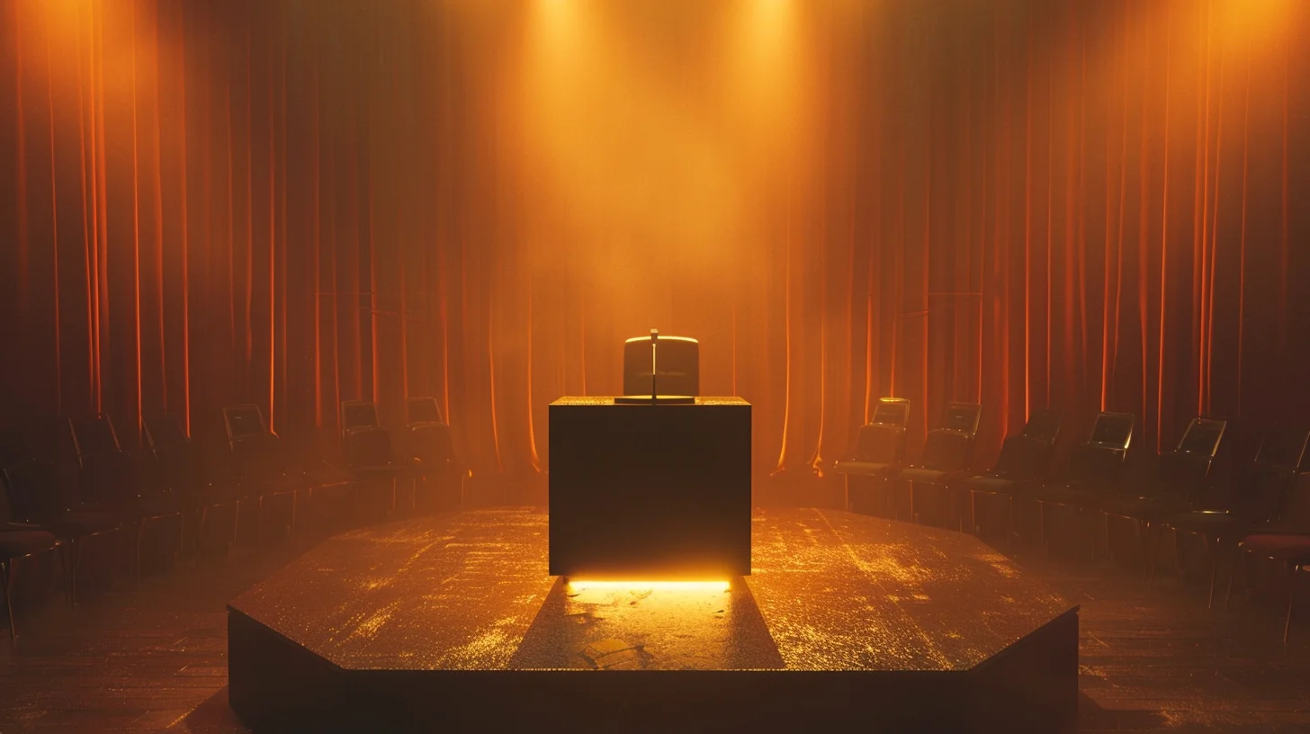 Empty podium with confused team members waiting