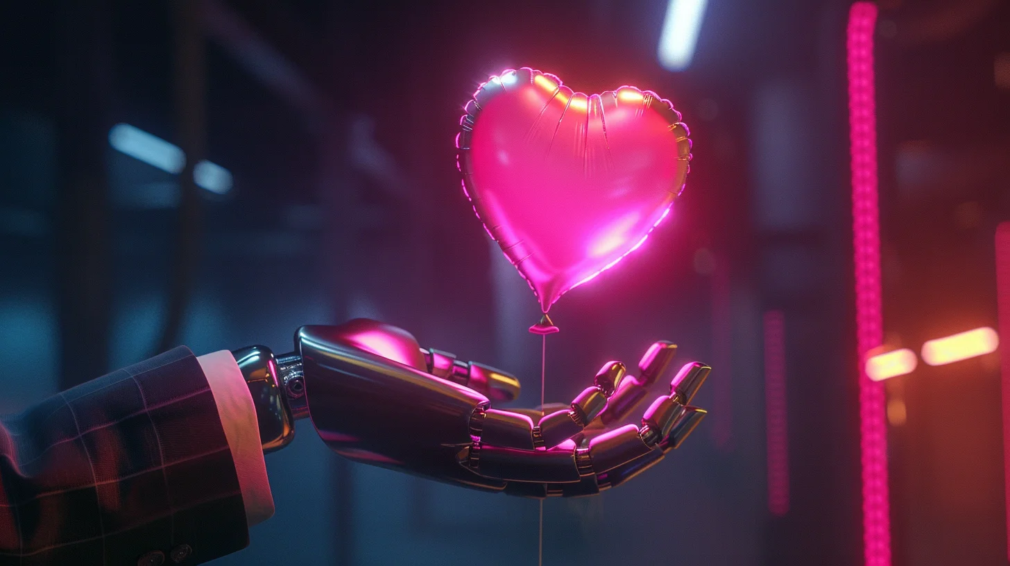 Robot hand holding a heart-shaped balloon in corporate setting