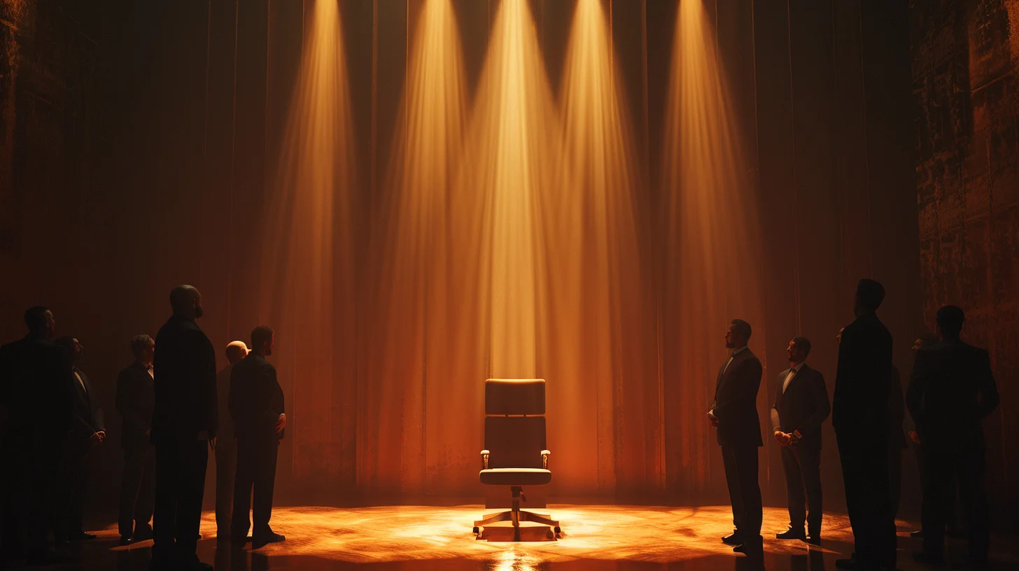 Spotlight on executive while team members stand in shadows