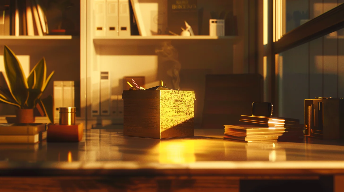Ornate farewell card floating above empty desk