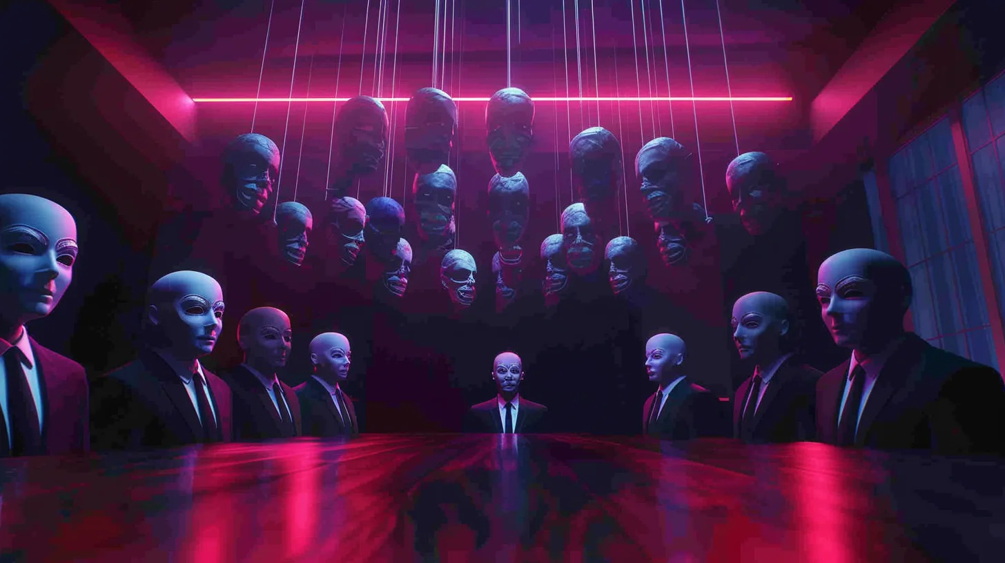 Masks on strings being held above corporate meeting