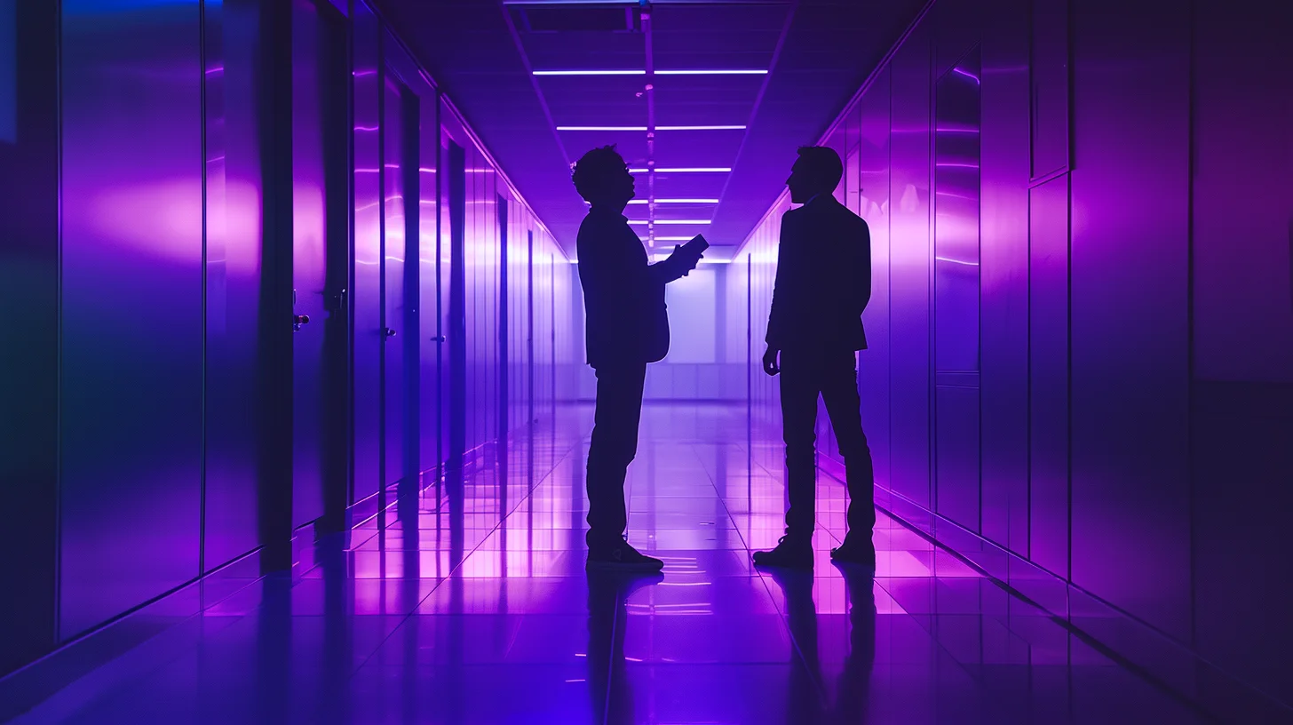 Whispered conversation in shadows of corporate corridor