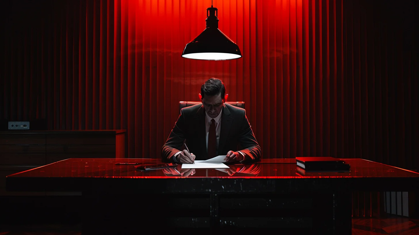 Figure writing confession letter under harsh spotlight