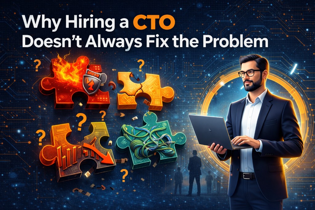 Why hiring a CTO does not always fix the problem: executive figure with puzzle pieces for crisis, broken process, declining metrics, and technical debt